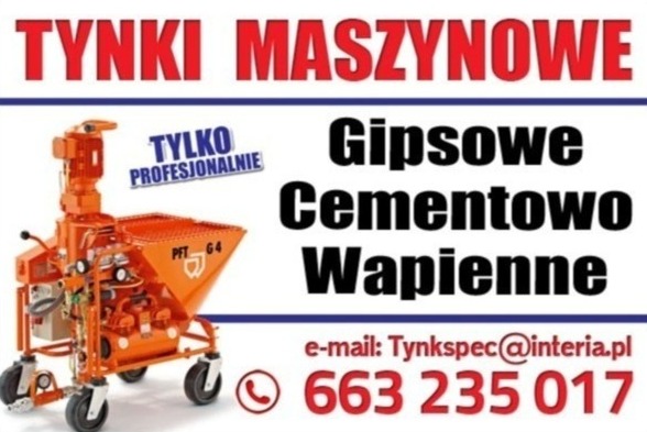 Ogłoszenie firmy: Tynki maszynowe - gipsowe, cementowo-wapienne, z pomarańczową maszyną PFT G4 i danymi kontaktowymi.