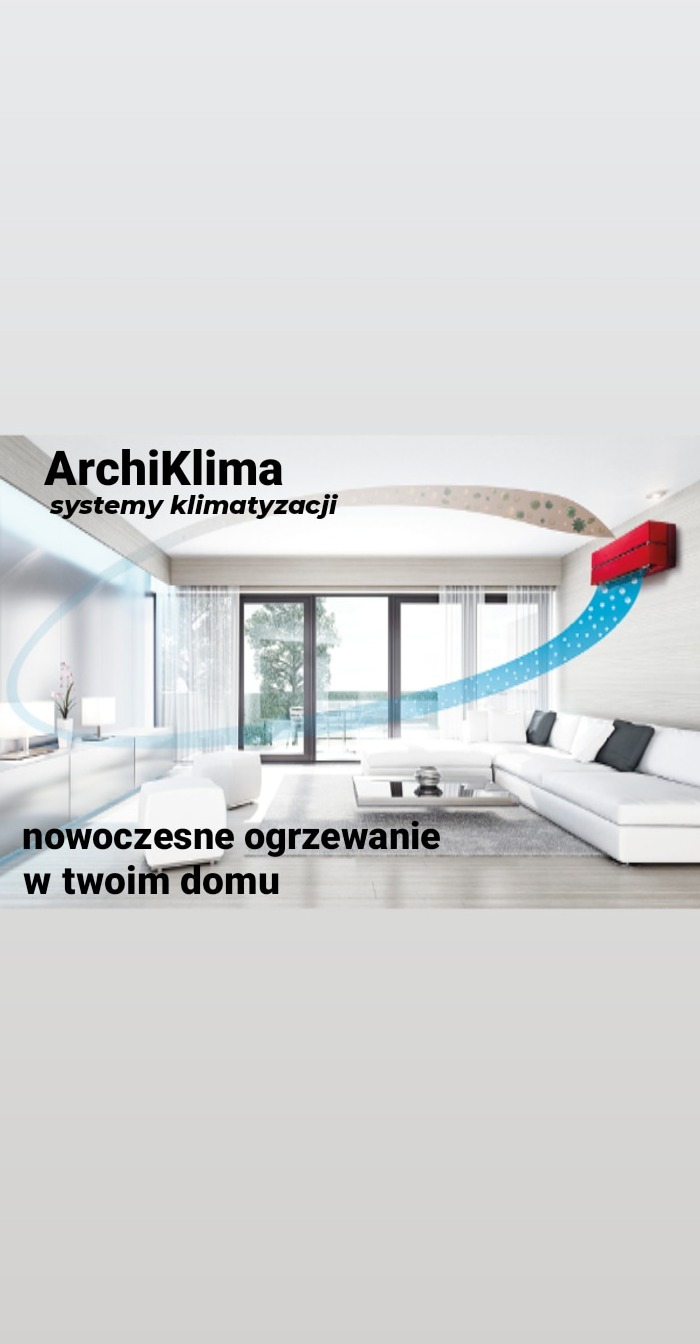 Wizualizacja wnętrza salonu z czerwonym klimatyzatorem na ścianie i schematycznym przepływem powietrza, logo firmy 'ArchiKlima' i hasło 'nowoczesne ogrzewanie w twoim domu'.