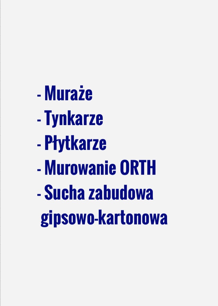 Lista usług budowlanych w kolorze granatowym na białym tle, obejmująca murarzy, tynkarzy, płytkarzy, murowanie ORTH i suchą zabudowę gipsowo-kartonową.