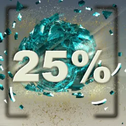 Grafika 3D przedstawiająca rozpadającą się turkusową sferę z białym napisem '25%' na tle abstrakcyjnych elementów i złotych drobinek.