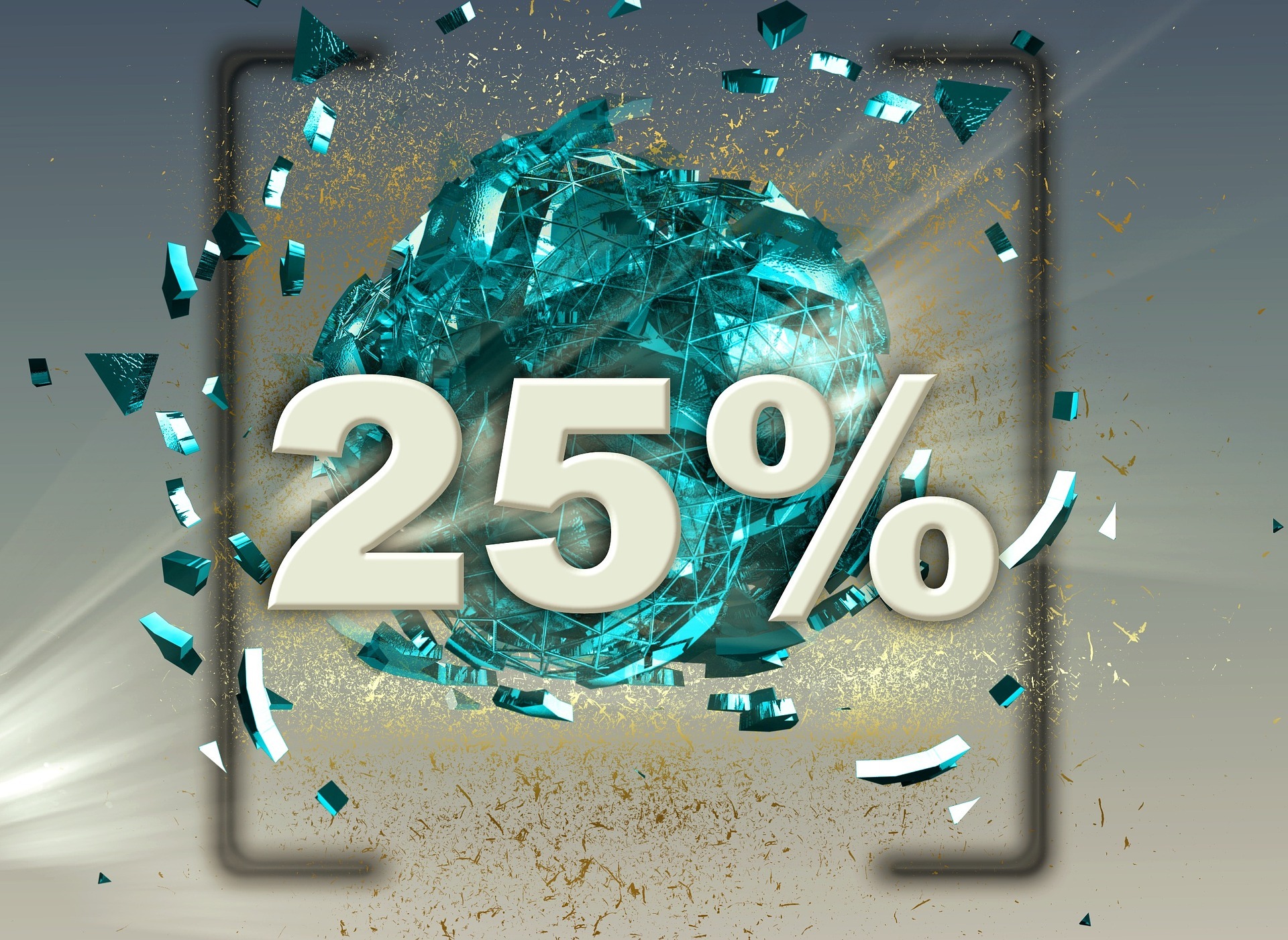Grafika 3D przedstawiająca rozpadającą się turkusową sferę z białym napisem '25%' na tle abstrakcyjnych elementów i złotych drobinek.