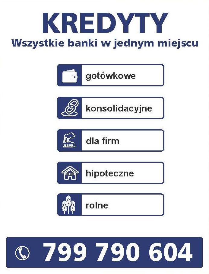 Grafika informacyjna w odcieniach błękitu prezentująca ofertę kredytową: gotówkowe, konsolidacyjne, dla firm, hipoteczne i rolne. U dołu widnieje numer telefonu.