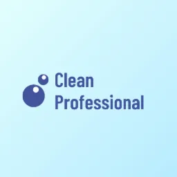 Niebieskie logo z napisem 'Clean Professional' i symbolem dwóch kółek przypominających bąbelki, na jasnoniebieskim tle.
