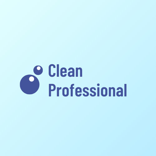 Niebieskie logo z napisem 'Clean Professional' i symbolem dwóch kółek przypominających bąbelki, na jasnoniebieskim tle.