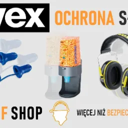 Zestaw środków ochrony słuchu marki UVEX: zatyczki na sznurku, dozownik zatyczek jednorazowych i nauszniki wygłuszające, na szarym tle.