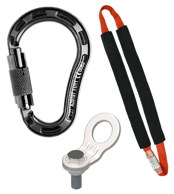 Zestaw sprzętu asekuracyjnego: karabinek zakręcany w kolorze grafitowym z oznaczeniami, kotwa asekuracyjna z gwintem i uchwytem oraz podwójna pętla asekuracyjna z osłonami z czarnej pianki...