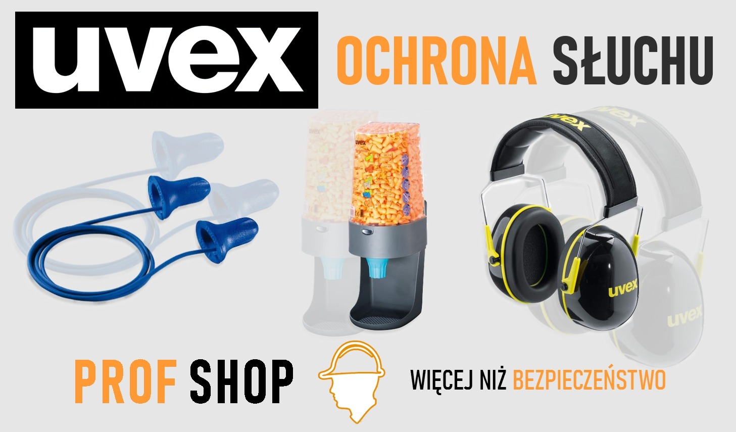 Zestaw środków ochrony słuchu marki UVEX: zatyczki na sznurku, dozownik zatyczek jednorazowych i nauszniki wygłuszające, na szarym tle.