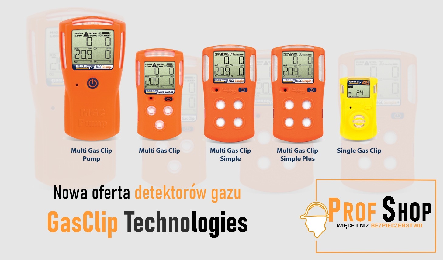 Prezentacja różnych modeli detektorów gazu GasClip Technologies, w tym Multi Gas Clip Pump, Simple i Simple Plus, oraz Single Gas Clip, z widocznymi wyświetlaczami i logo Prof Shop.