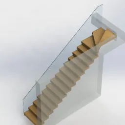 Wizualizacja 3D drewnianych schodów z przezroczystą szklaną balustradą na białym tle.