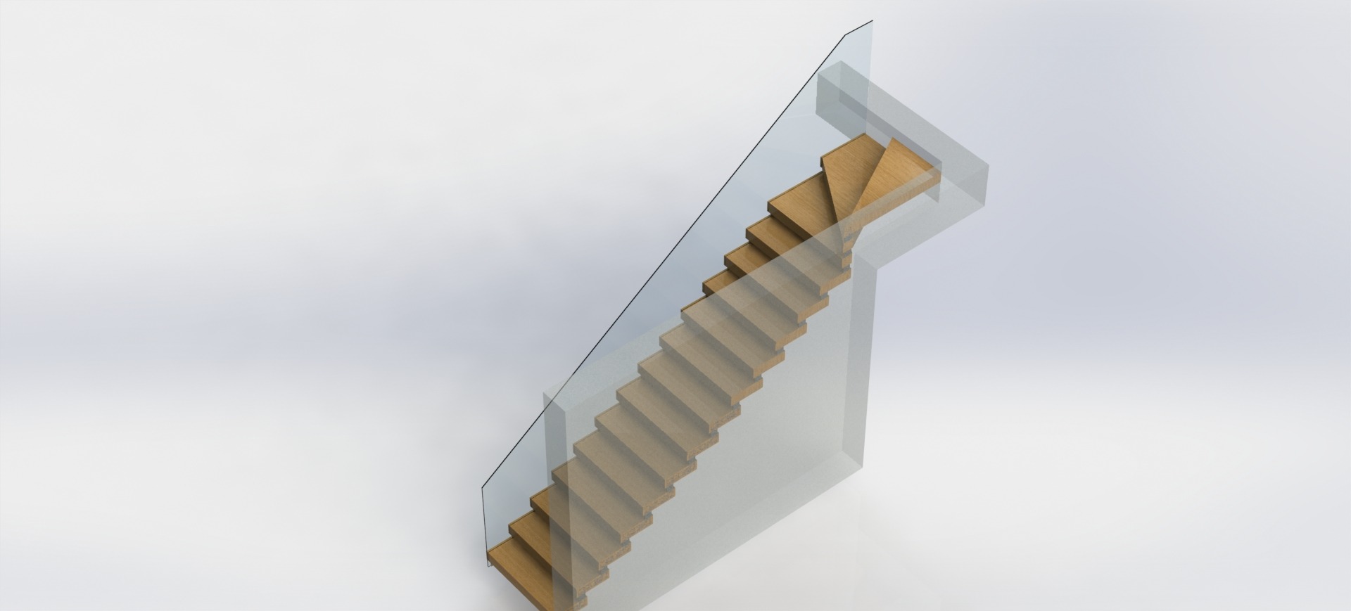 Wizualizacja 3D drewnianych schodów z przezroczystą szklaną balustradą na białym tle.