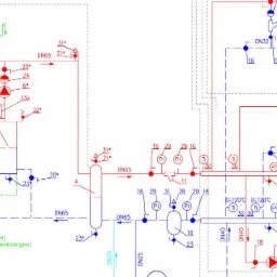 Schemat instalacji grzewczej z oznaczeniami średnic rur i temperatur, kolorowy rysunek techniczny.