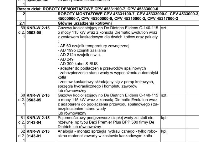 Fragment specyfikacji technicznej lub kosztorysu z wyszczególnionymi elementami kotłowni: gazowy kocioł, czujniki, podgrzewacz wody, materiały do montażu.