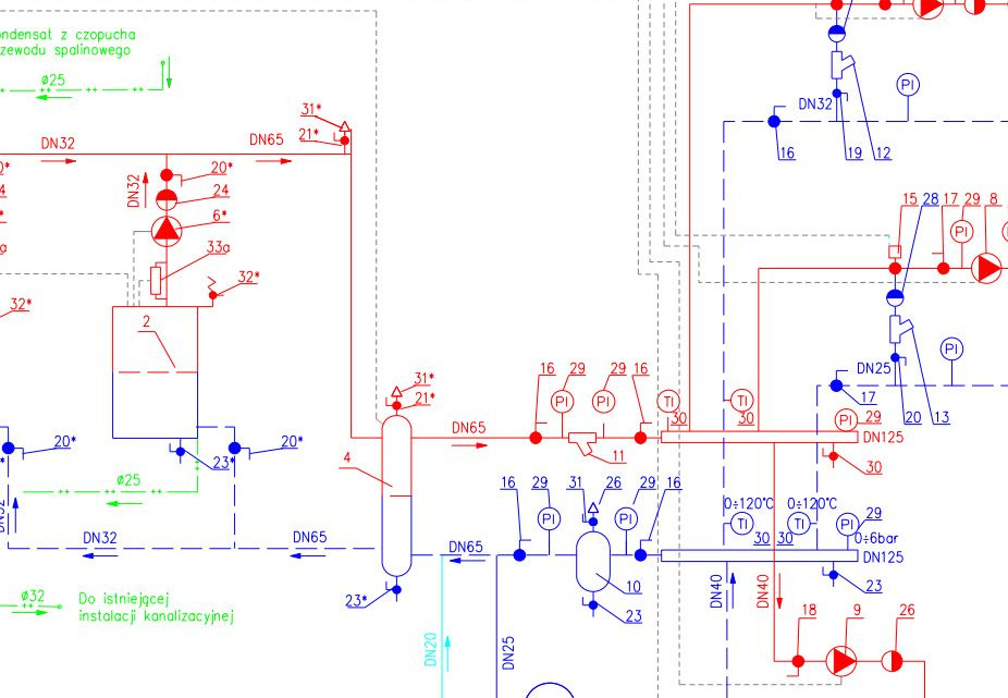 Schemat instalacji grzewczej z oznaczeniami średnic rur i temperatur, kolorowy rysunek techniczny.