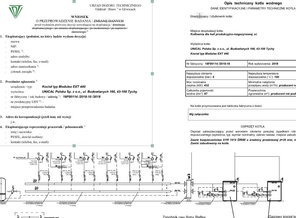 Skan wniosku o przeprowadzenie badania/zmianę danych kotła wodnego, zawierający opis techniczny, parametry kotła oraz schemat instalacji z zasobnikiem cwu firmy Reflex.