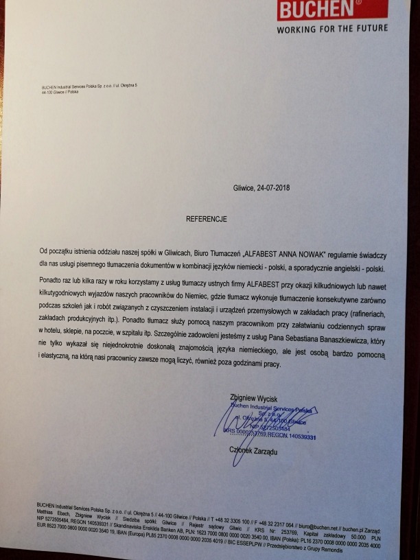 Skan referencji dla biura tłumaczeń ALFABEST ANNA NOWAK, wystawionej przez firmę BUCHEN Industrial Services Polska, potwierdzającej regularne świadczenie usług tłumaczenia pisemnego i ustnego...
