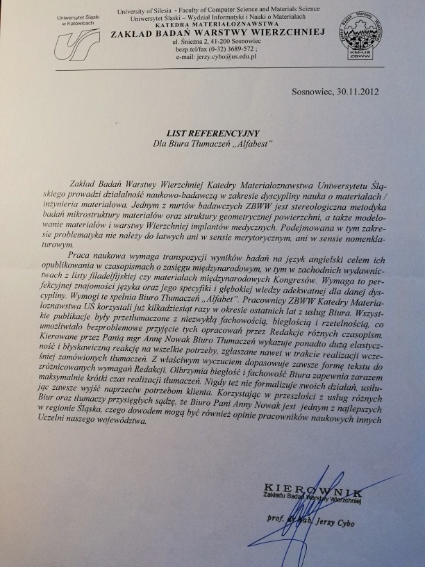 Skan listu referencyjnego dla biura tłumaczeń 'Alfabest' od Zakładu Badań Warstwy Wierzchniej Uniwersytetu Śląskiego, potwierdzający wysoką jakość tłumaczeń naukowych i elastyczność w obsłudze.