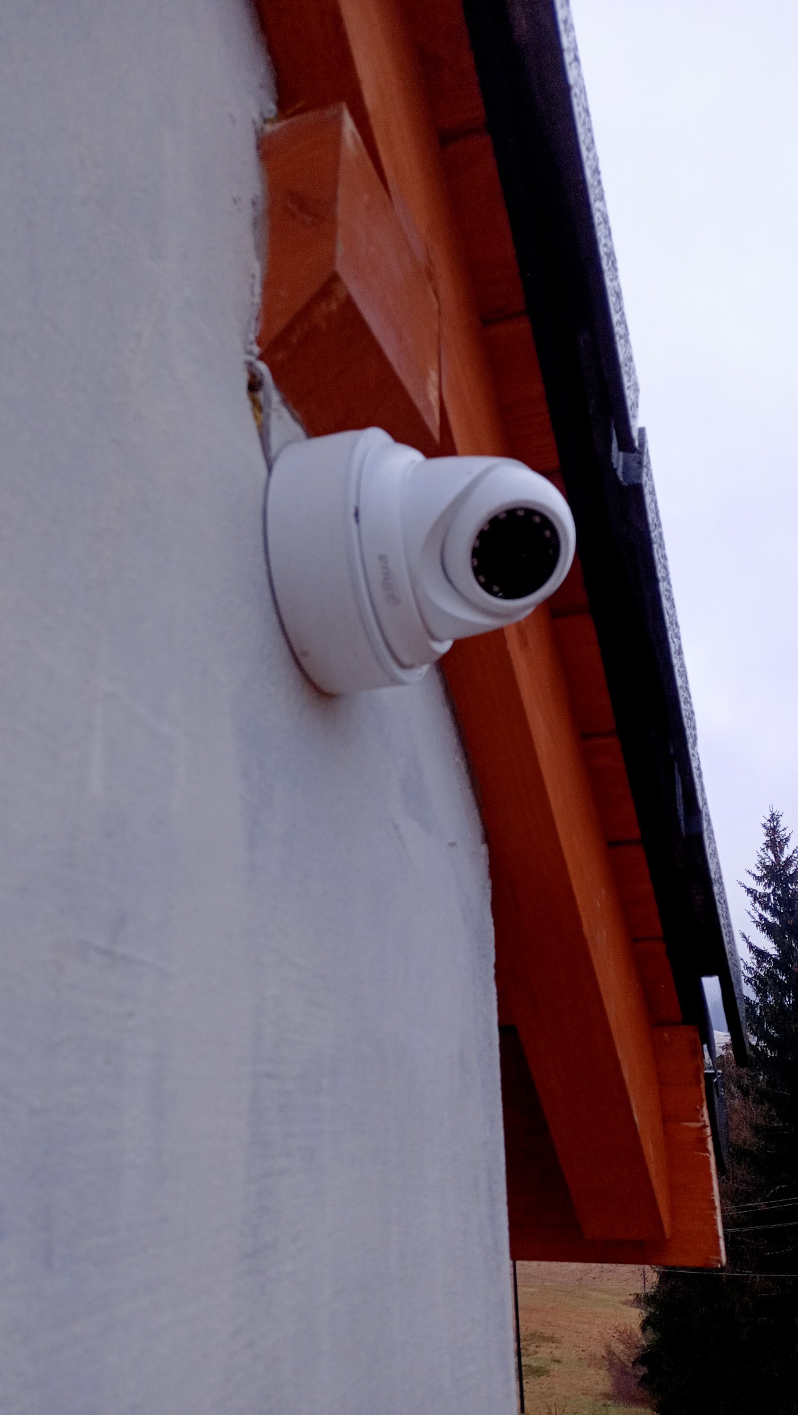 Kamera kopułkowa Dahua zamontowana na elewacji budynku, widok z dołu, widoczny fragment drewnianego okapu dachowego i iglaste drzewo w tle.