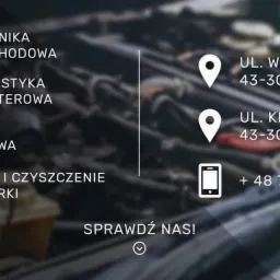 Grafika reklamowa warsztatu samochodowego z ikonami i tekstem informacyjnym na tle rozmytego silnika samochodowego.