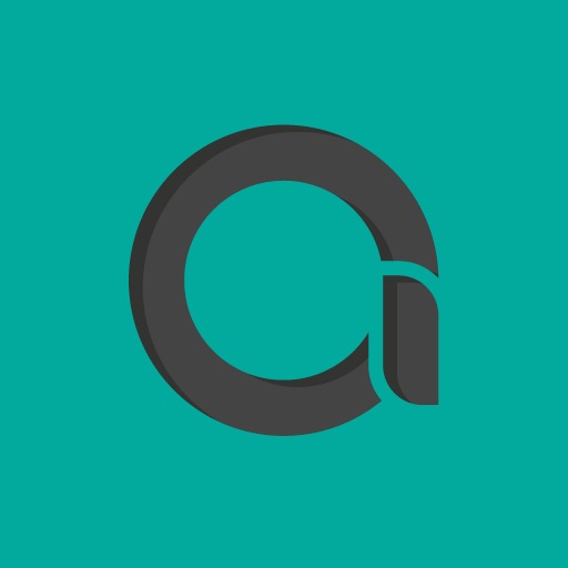 Abstrakcyjne logo w kształcie litery 'a' utworzone z grubych, szarych elementów na turkusowym tle.