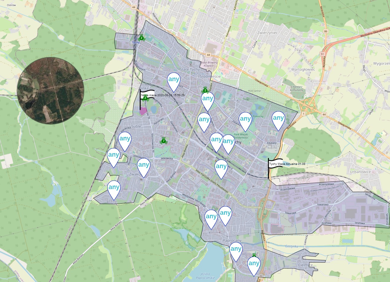 Mapa Tychów z zaznaczonymi punktami, prawdopodobnie lokalizacjami lub obszarami działania, wyświetlana na tle mapy satelitarnej z widoczną zielenią i zbiornikami wodnymi.