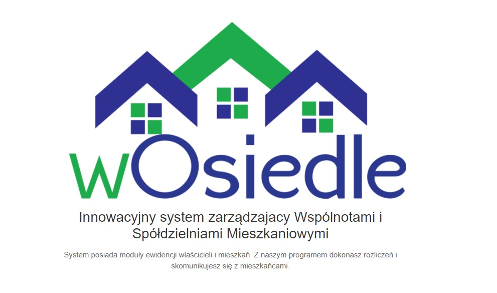 Logo oprogramowania 'wOsiedle' dla wspólnot i spółdzielni mieszkaniowych, z graficznym symbolem domów w kolorach zielonym i niebieskim.