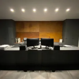 Nowoczesne biuro z dużym, ciemnym biurkiem, dwoma monitorami, brązową ścianą w tle i dyskretnym oświetleniem punktowym.