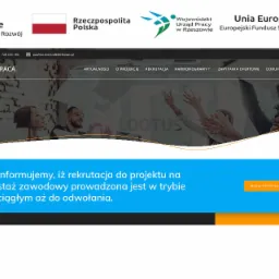 Strona internetowa z nagłówkiem zawierającym logotypy Funduszy Europejskich, Rzeczypospolitej Polskiej i Wojewódzkiego Urzędu Pracy w Rzeszowie, a także menu nawigacyjne i informację o rekrutacji...
