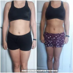 Porównanie sylwetki kobiety przed i po, widoczne zmiany w obwodzie talii i ud, na drugim zdjęciu szorty z motywem Harry'ego Pottera.