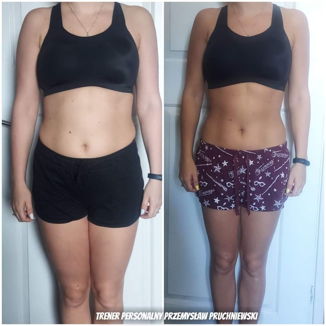 Porównanie sylwetki kobiety przed i po, widoczne zmiany w obwodzie talii i ud, na drugim zdjęciu szorty z motywem Harry'ego Pottera.