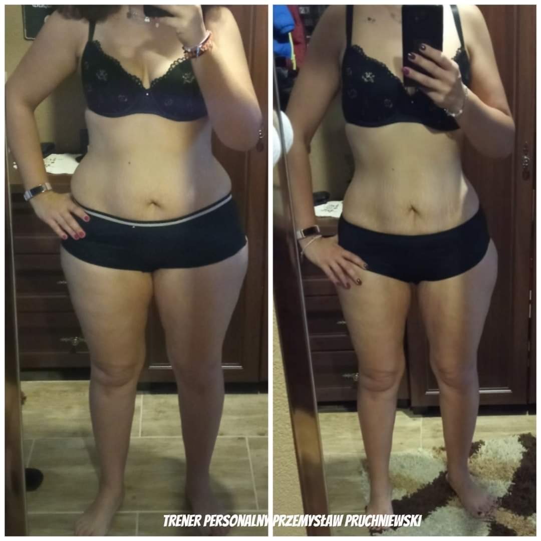 Kobieta w bieliźnie prezentuje metamorfozę sylwetki, porównanie figury przed i po treningach, widoczne zmiany w obwodzie talii i ud.