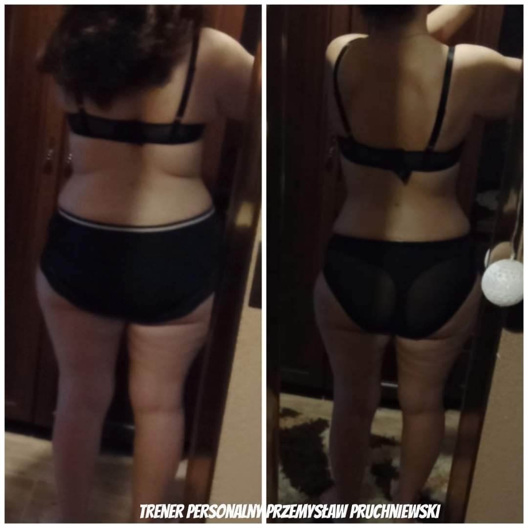 Zdjęcie typu 'przed i po' przedstawiające sylwetkę kobiety w bieliźnie, z widoczną różnicą w wyglądzie figury, wykonane na tle szafy.