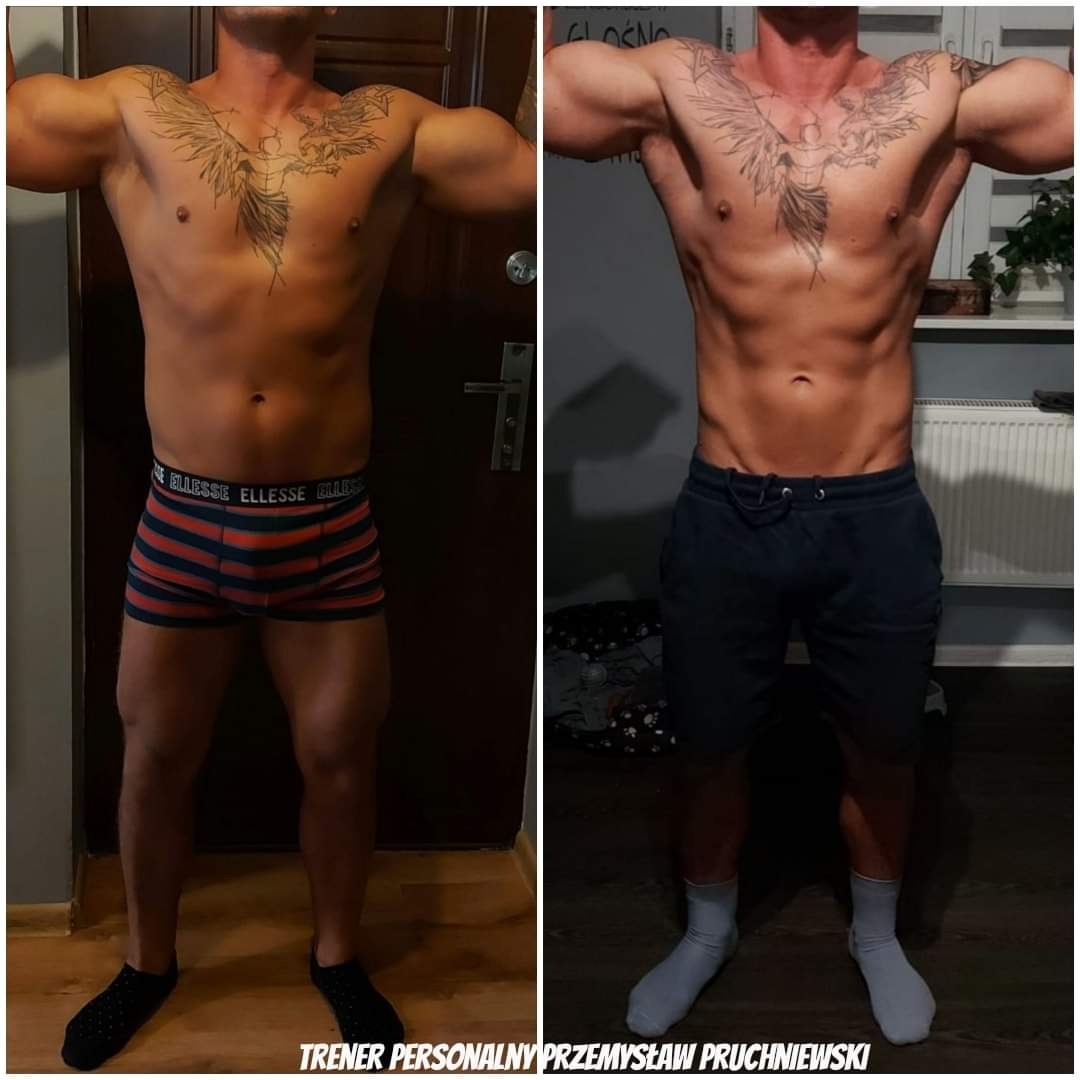 Mężczyzna prezentujący transformację sylwetki: po lewej stronie sylwetka przed, po prawej po treningach, widoczne mięśnie brzucha i klatki piersiowej, tatuaż orła na klatce piersiowej.