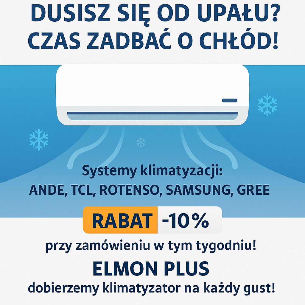 Grafika reklamowa z wizerunkiem klimatyzatora, hasłem 'DUSISZ SIĘ OD UPAŁU? CZAS ZADBAĆ O CHŁÓD!' i ofertą rabatową na systemy klimatyzacji marek ANDE, TCL, ROTENSO, SAMSUNG, GREE, oraz informacją...