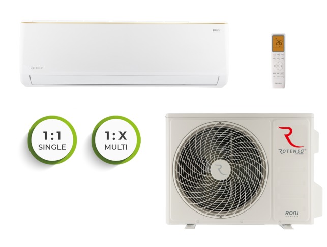 Zestaw klimatyzacji Rotenso Roni Series: jednostka wewnętrzna, zewnętrzna i pilot, z oznaczeniami 1:1 Single i 1:X Multi.
