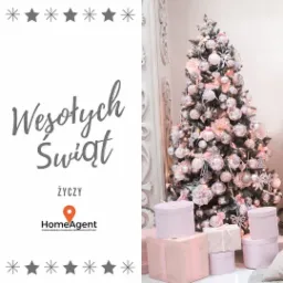 Świąteczne życzenia od HomeAgent: choinka w odcieniach różu i bieli z prezentami.