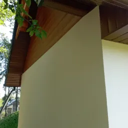 Świeżo otynkowana i pomalowana elewacja domu jednorodzinnego z drewnianą podbitką, widok z dołu, z fragmentem zieleni w tle.