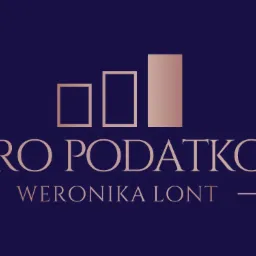 Logo firmy Biuro Podatkowe Weronika Lont na granatowym tle z trzema prostokątami w kolorze różowego złota, symbolizującymi rosnący wykres.