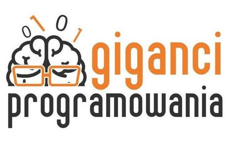 Logo firmy 'giganci programowania' z ikoną mózgu w okularach i binarnym kodem nad nim.