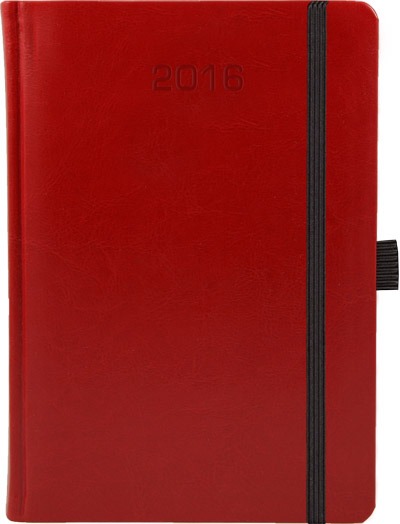 Czerwony kalendarz książkowy z tłoczonym rokiem 2016, zamknięty czarną gumką.