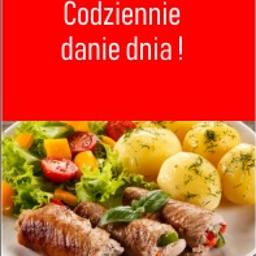 Bar-pychotka Janina Młoda - Danie dnia: roladki mięsne z warzywnym farszem, ziemniaki z koperkiem i sałatka na białym talerzu, całość ujęta w czerwonej ramce z tekstem.