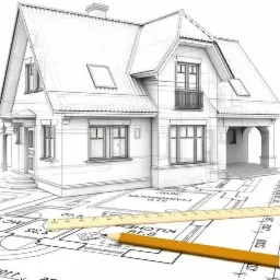 Architektoniczny szkic domu z widocznymi detalami konstrukcyjnymi, leżący na planie, z żółtym ołówkiem i linijką.