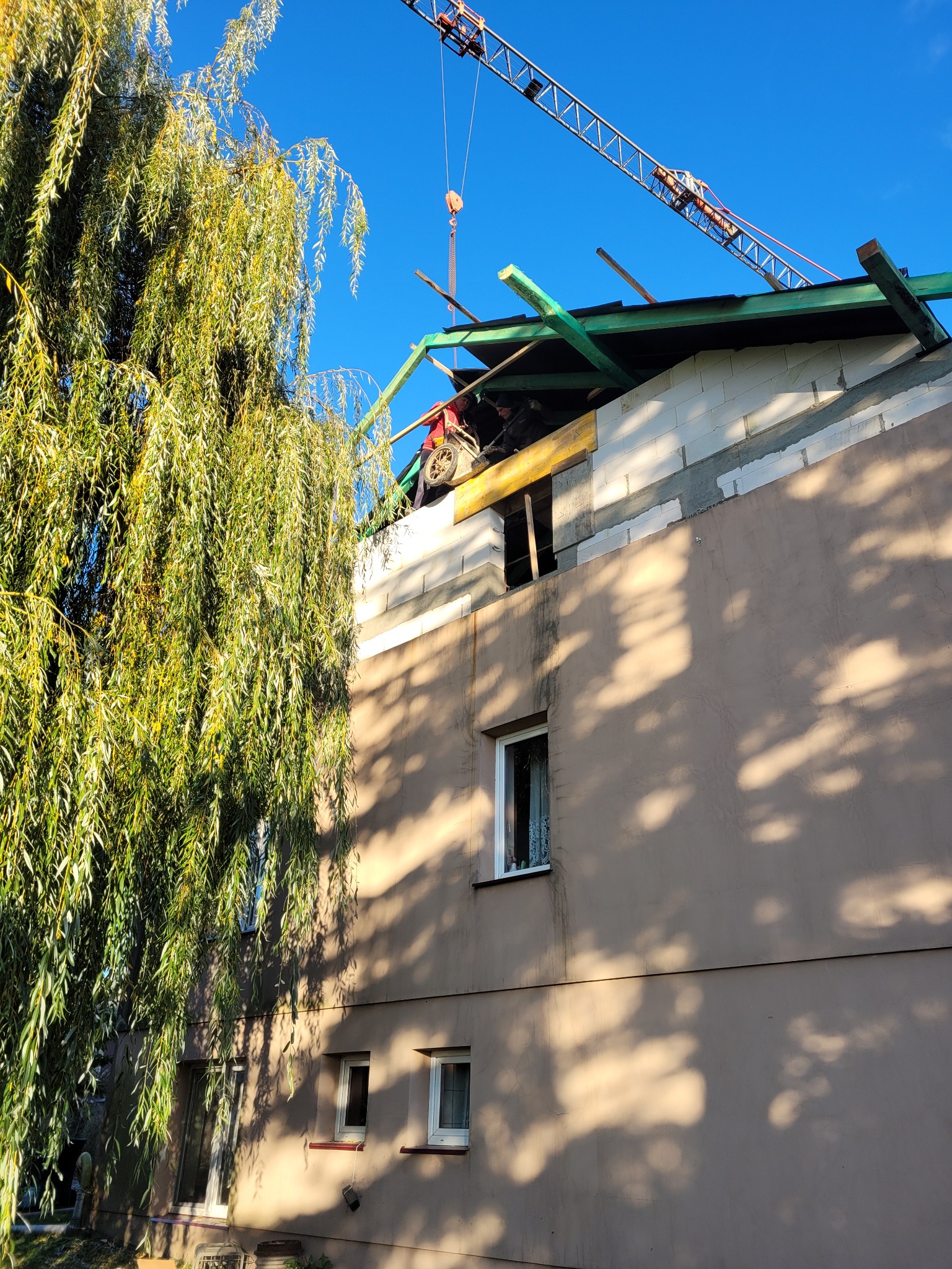 Budowa dachu na budynku wielorodzinnym z użyciem dźwigu, widok z dołu przez gałęzie drzewa.