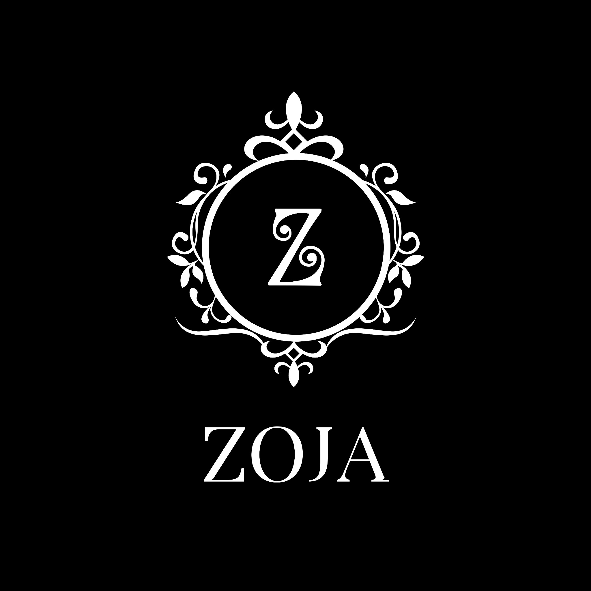 Eleganckie logo marki ZOJA w kolorze białym na czarnym tle, z ozdobną ramką i literą Z wewnątrz koła.