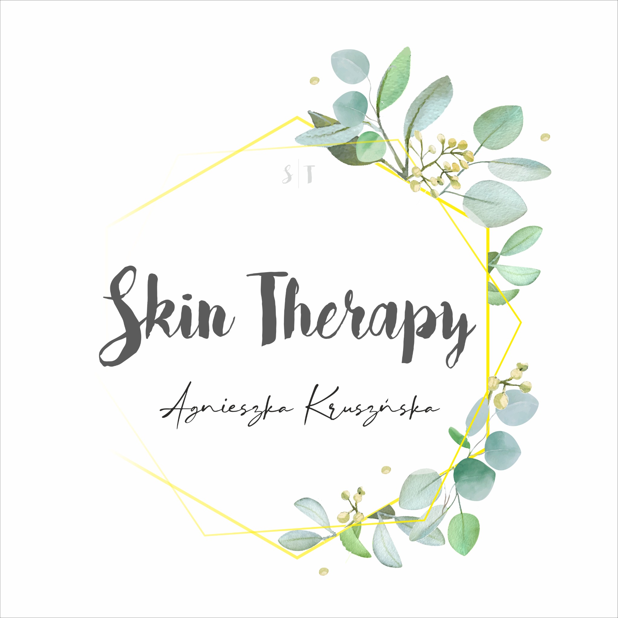 Logo firmy Skin Therapy Agnieszka Kruszyńska, otoczone geometryczną ramką i akwarelowymi liśćmi eukaliptusa.