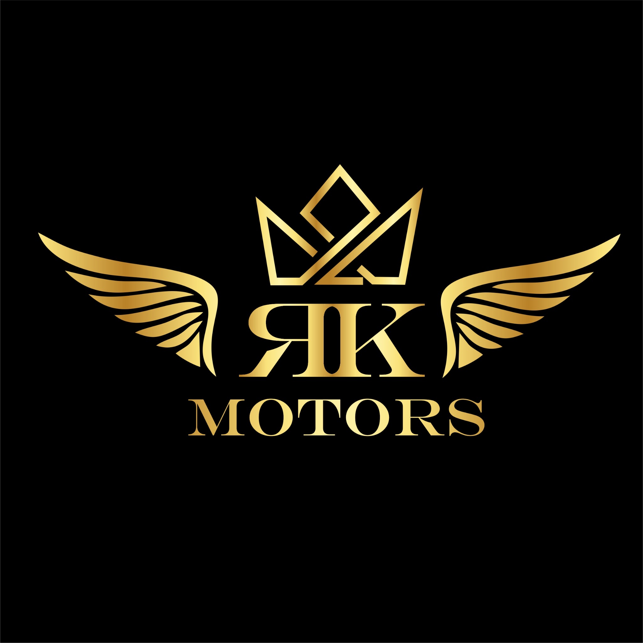 Złote logo 'RK Motors' na czarnym tle, z geometryczną koroną i skrzydłami.