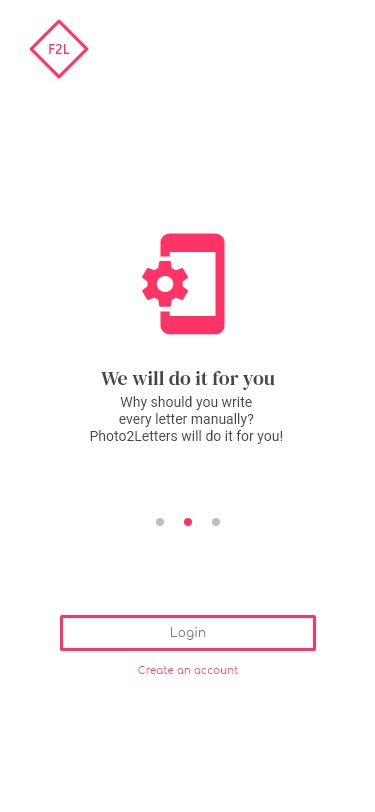 Ekran logowania aplikacji mobilnej z ikoną smartfona i koła zębatego, hasłem 'We will do it for you' i przyciskiem 'Login' w kolorze różowym.