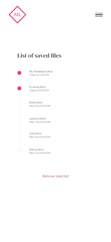 Lista zapisanych plików z interfejsu aplikacji mobilnej, pokazująca nazwy dokumentów: 'My Homework.docx', 'Invoices.docx', 'Exam.docx', 'Lessons.docx', 'Cam.docx', 'Dance.docx' wraz z datami...