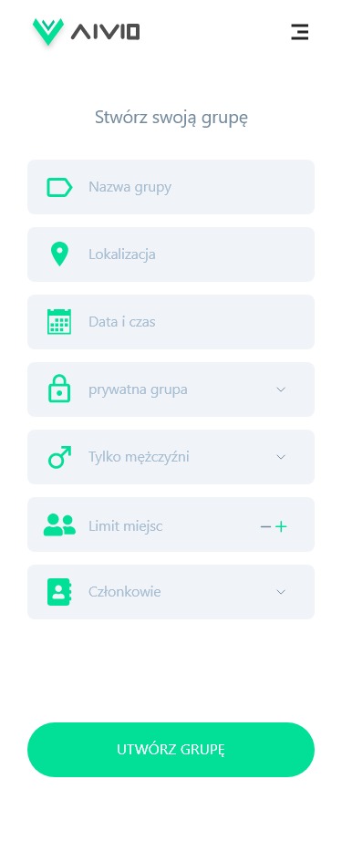 Ekran smartfona z interfejsem aplikacji do tworzenia grupy, z polami do wprowadzania nazwy, lokalizacji, daty i czasu, ustawień prywatności, limitu miejsc oraz zarządzania członkami, zakończony...