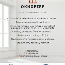 Reklama firmy OKNOPERF z Głogowa oferującej okna, rolety, bramy i drzwi, prezentująca okno w minimalistycznym wnętrzu i logotypy producentów.