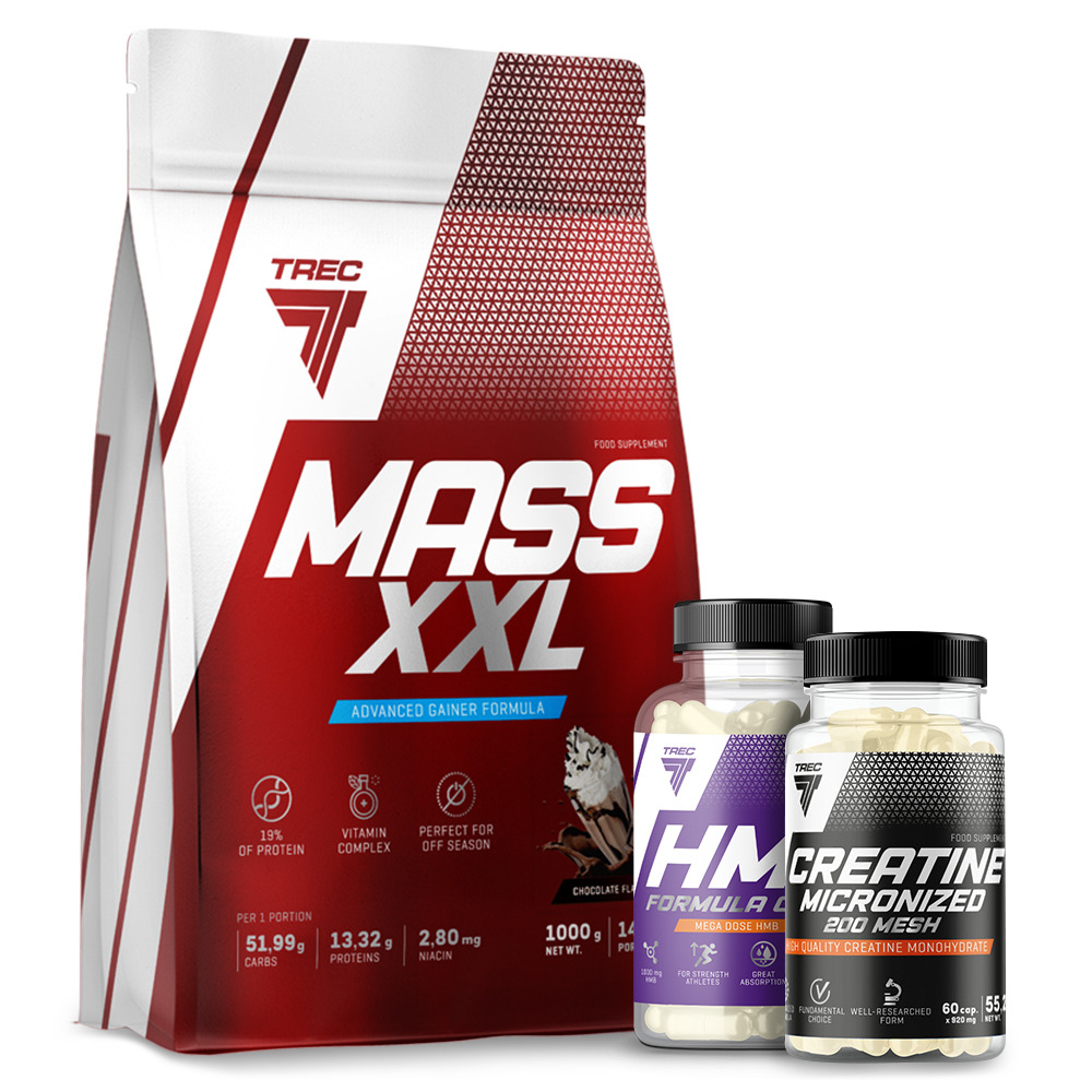 Opakowanie odżywki białkowej Mass XXL firmy Trec Nutrition oraz dwa słoiczki z kapsułkami suplementów diety HMB Formula i Creatine Micronized 200 Mesh, ustawione na białym tle.